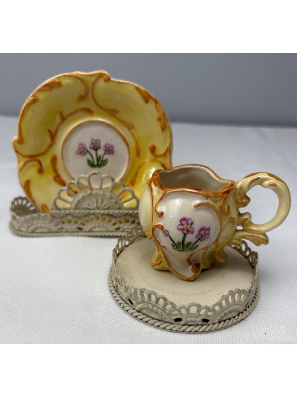 Hand-Painted Kilbury Miniature Porcelain Teacup Saucer Set Yellow Floral Vtg